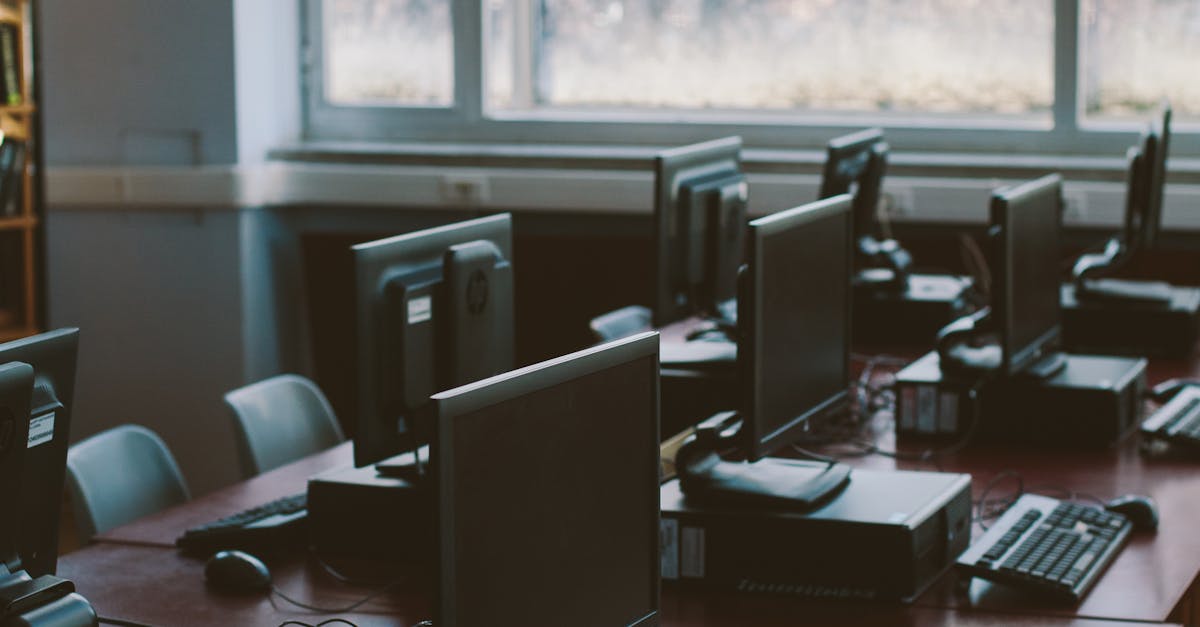 Spacious computer lab with rows of monitors and keyboards in a sunlit room.